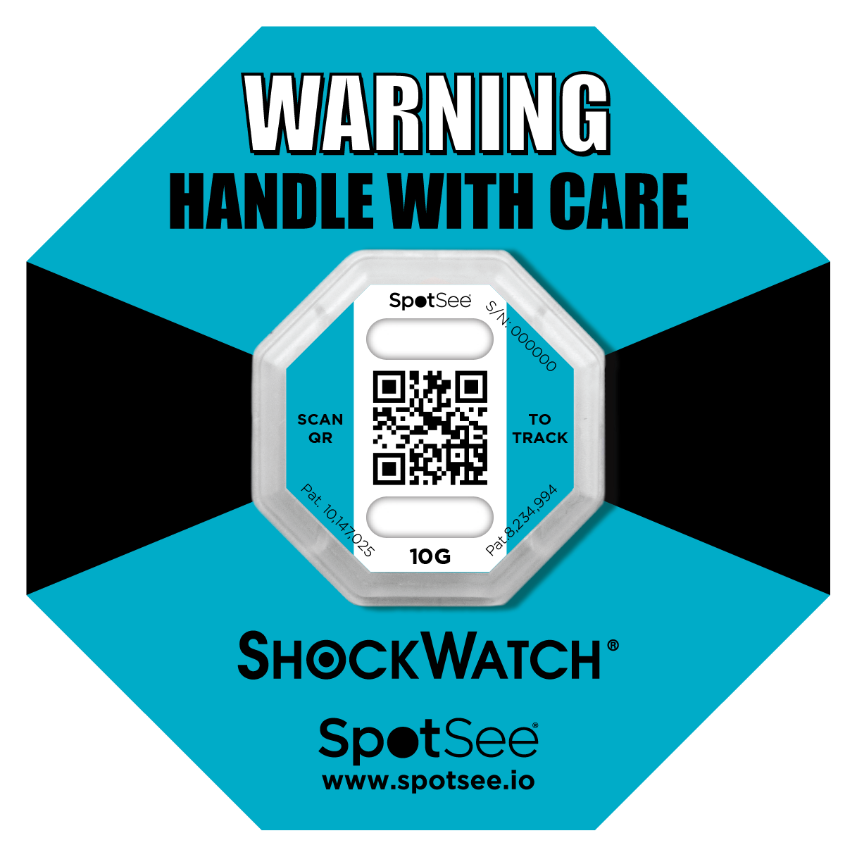 ShockWatch 2 QR se žlutým výstražným štítkem — před aktivací