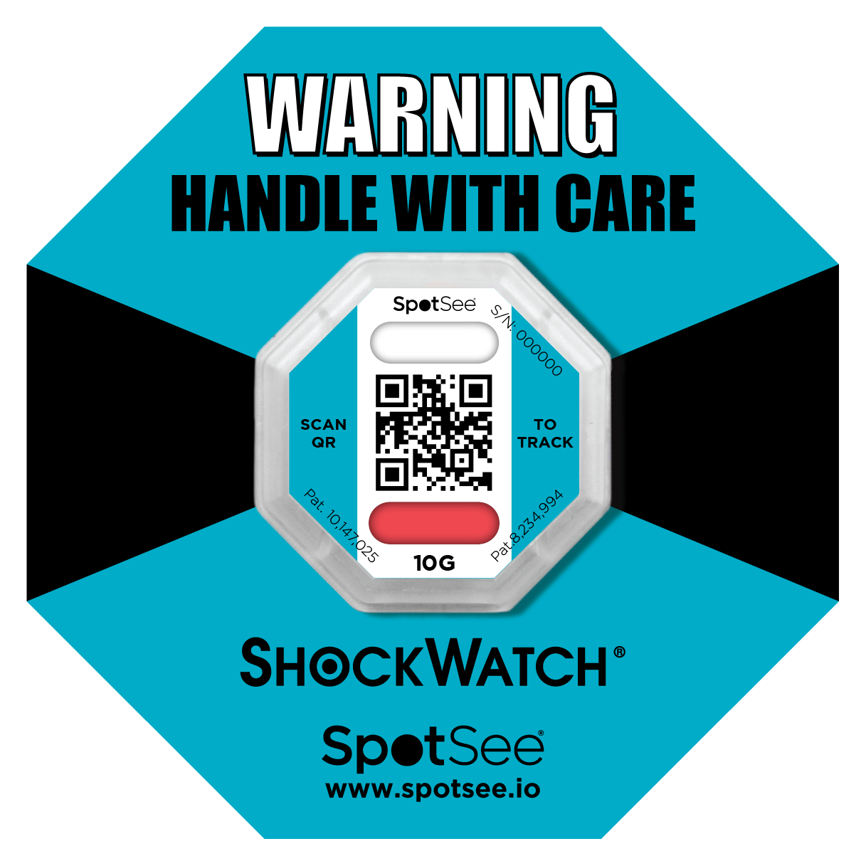 ShockWatch 2 QR se žlutým výstražným štítkem — po nárazu