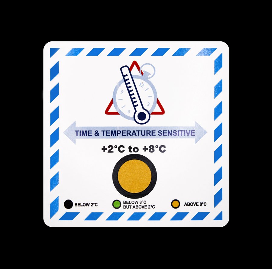 IATA labels with temperature indicators — Required IATA 2–8 °C marking with a colour indicator