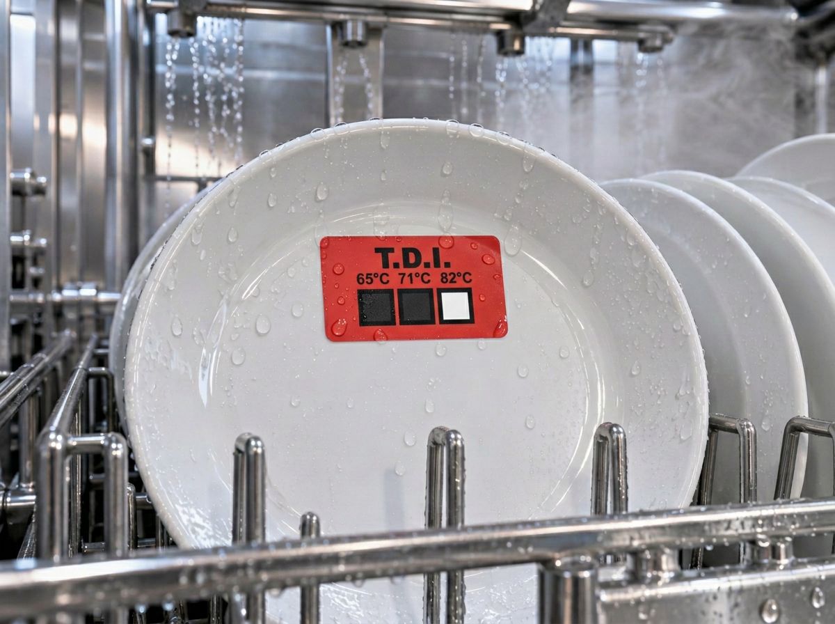 Red TDI three-point temperature indicator for 65, 71 and 82 degrees Celsius on a plate in a commercial dishwasher