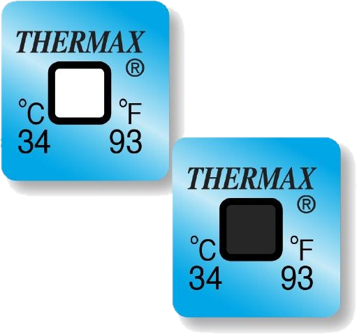 Oficiálny hermetický jednobodový teplotný indikátor Thermax pred aktiváciou a po nej